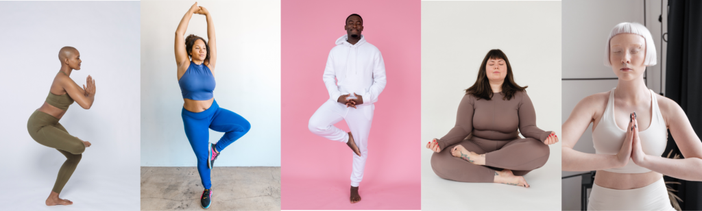 photo de personnes aux morphologie différentes pratiquant le yoga. Personnes de couleur et d'origine différentes. 