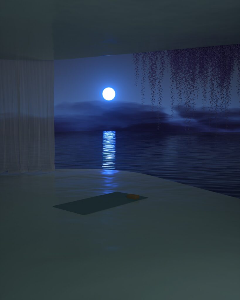 une tapis de yoga devant une femme dans laquelle se reflète la pleine lune, élément du yin