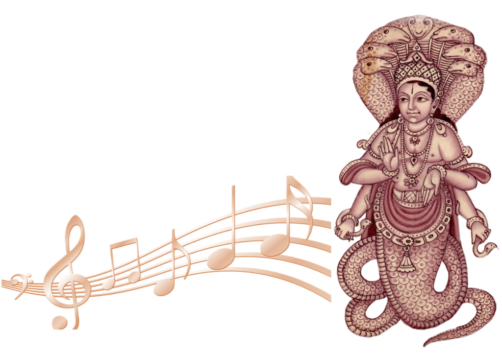 image d'une représentation du sage Patanjaji représenté comme un serpent avec des notes de musiques à côté de lui - yoga musique cours